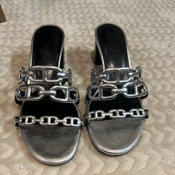 Auth Hermes Tandem Metallic Block Sandals 37 - Picture 1 of 4